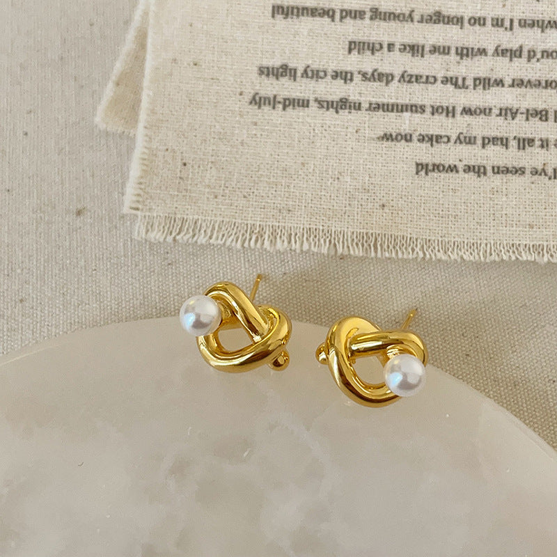 Knotted Heart Pearl Stud Earrings Female Niche