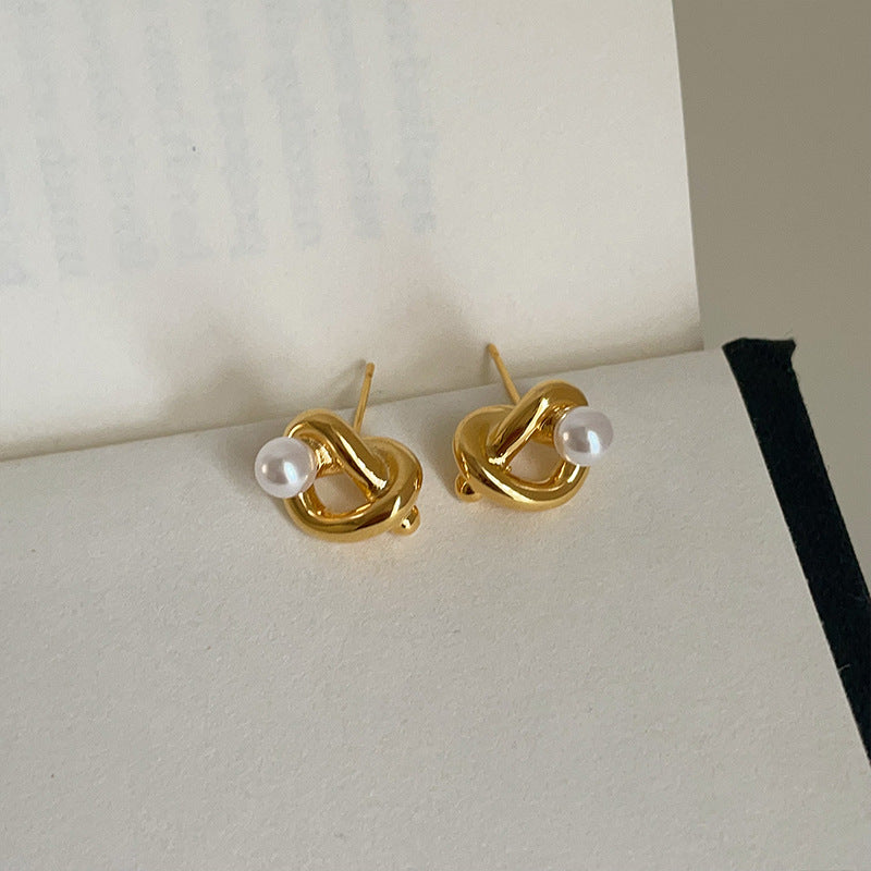 Knotted Heart Pearl Stud Earrings Female Niche