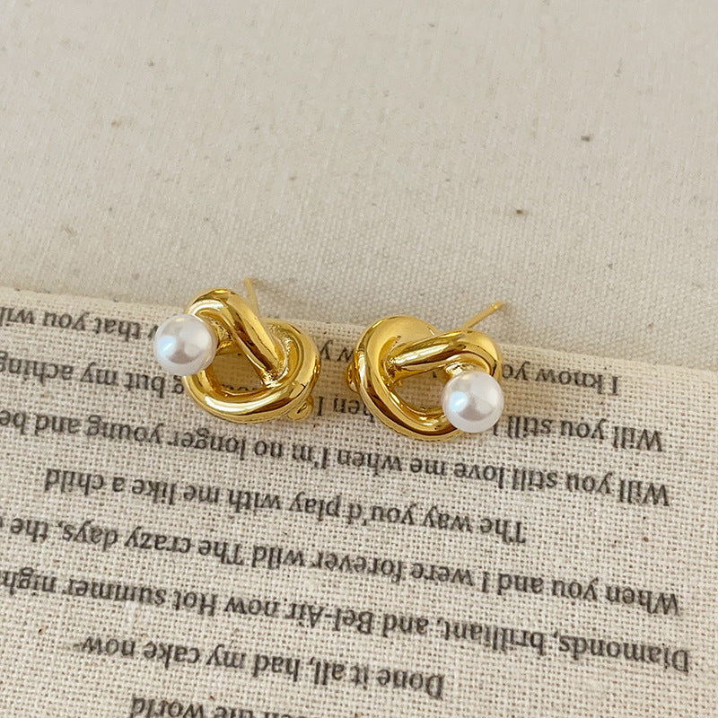 Knotted Heart Pearl Stud Earrings Female Niche